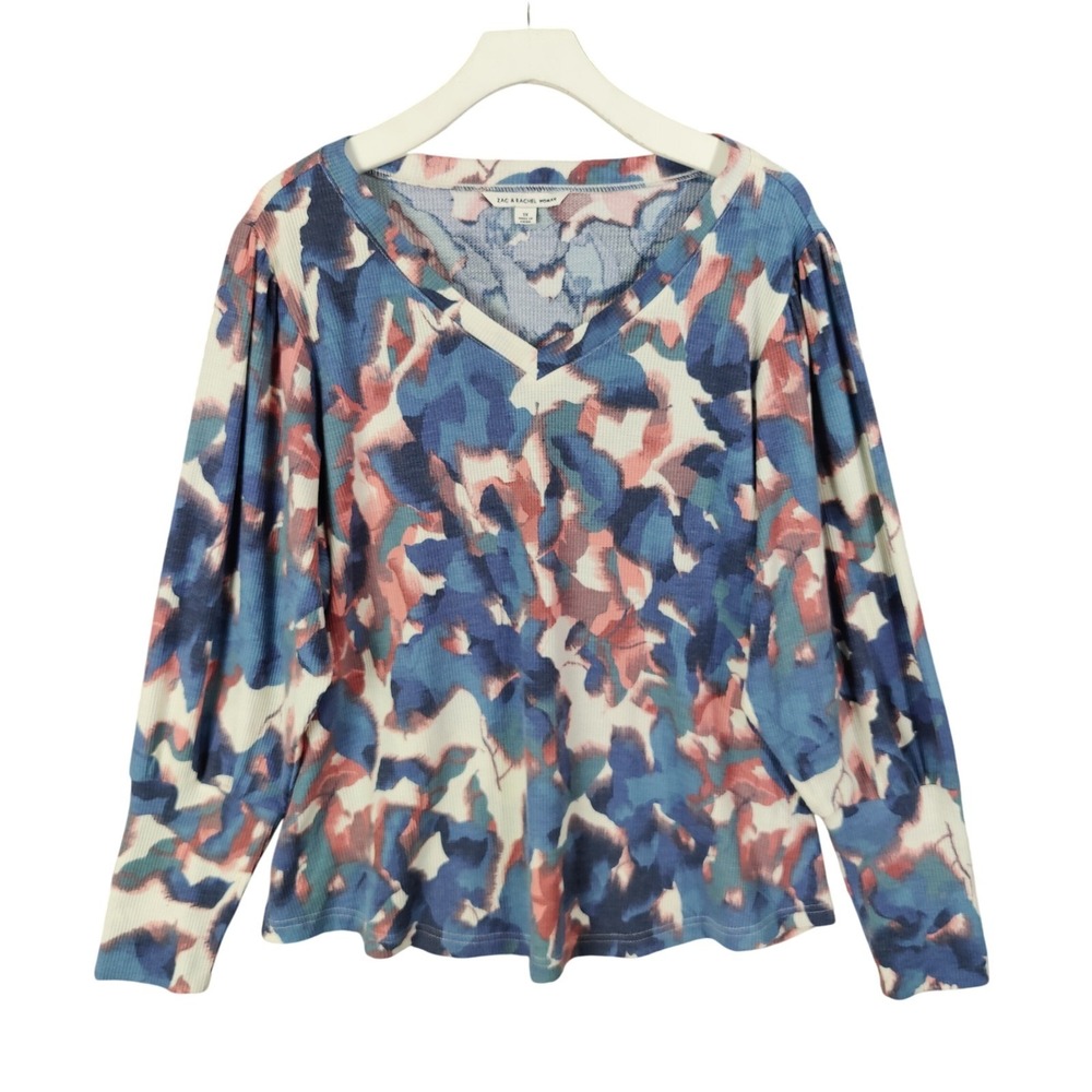 Zac & Rachel Womans Earthy Abstract Camo Artsy Waffle Knit Top 1X Blue Puff Slve